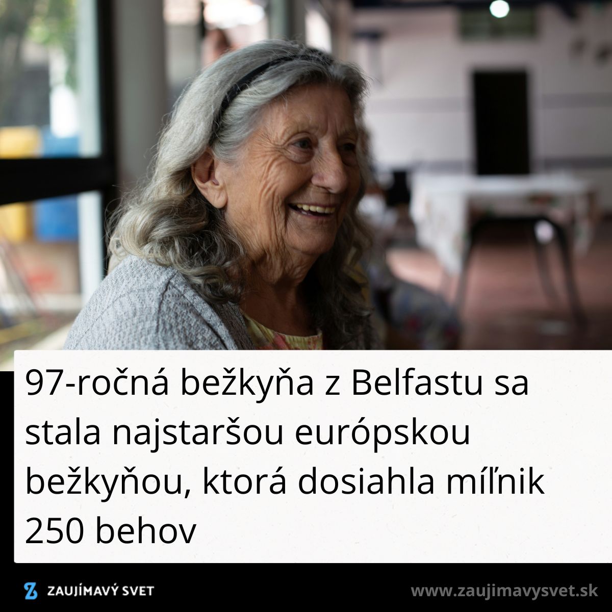 Staršia žena z Belfastu s úsmevom, rekordná 97-ročná bežkyňa s dosiahnutím 250 behov.