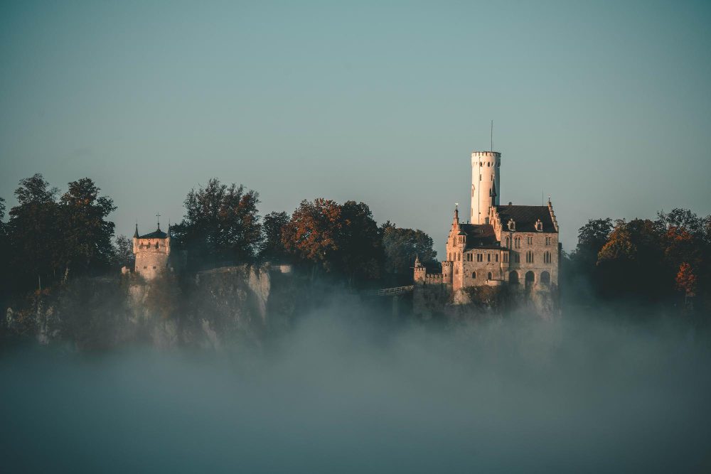 Hrad v hmle obklopený stromami pri východe slnka na kopci.