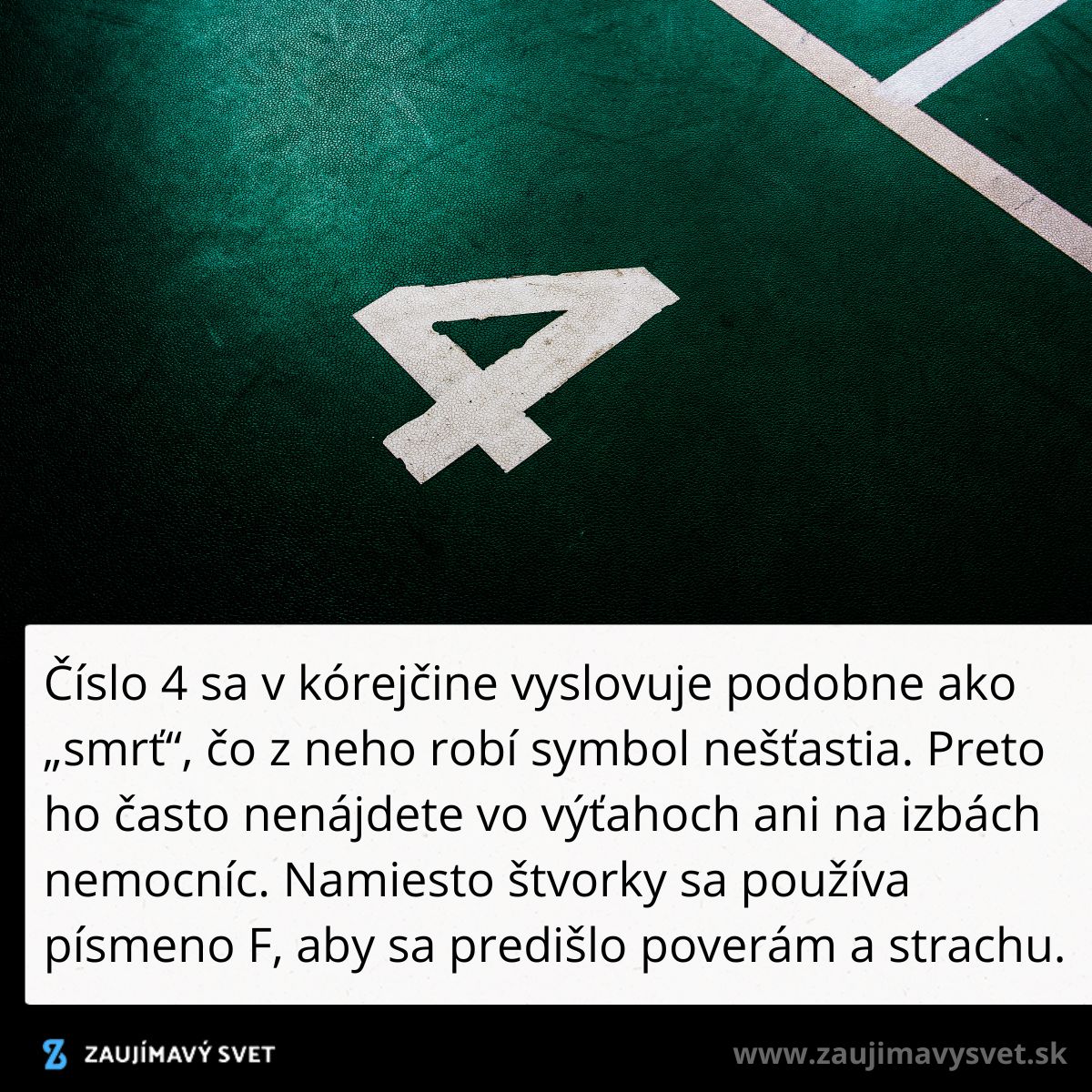 Číslo 4 na zelenej ploche, text hovorí o jeho význame a povere v kórejskej kultúre.