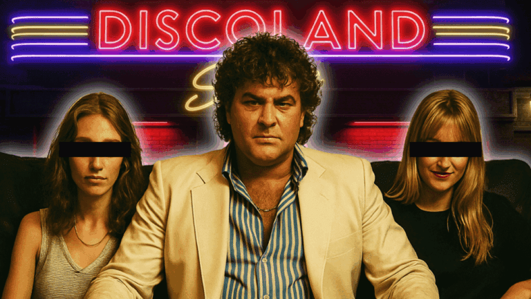 Filmová scéna z nočného klubu s Ivanom Jonákom v bielom saku a dvoma ženami, svetelný nápis Discoland v pozadí.