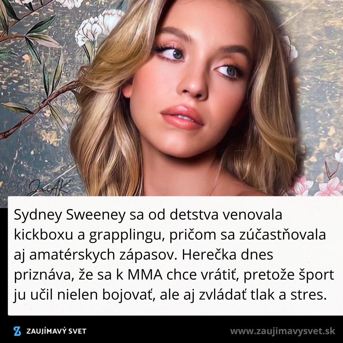 Osoba s dlhými blond vlasmi pozadie s kvetmi; text o záľube v kickboxe a grapplingu.