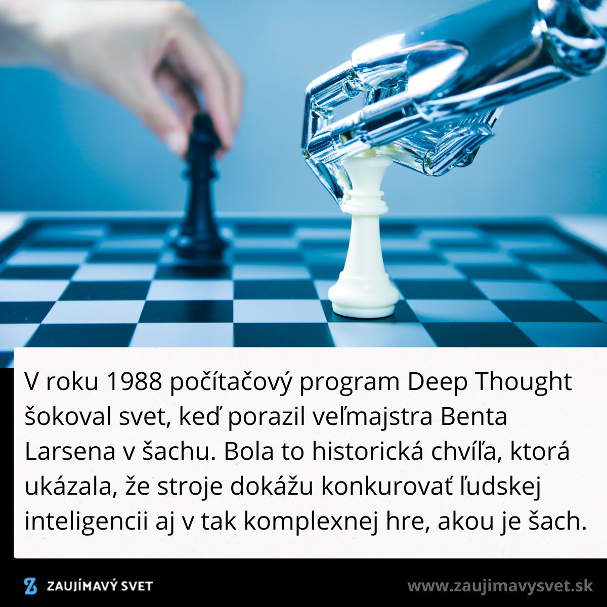 Robotická ruka pohybuje šachovou figúrkou na šachovnici, symbol pokroku umelej inteligencie v šachu.