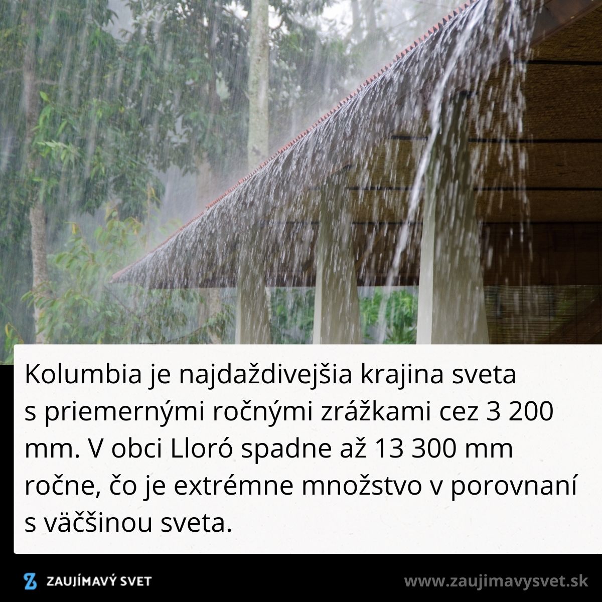 Silný dažďový zrážkový úkaz v daždivom prostredí Kolumbie s veľkými zrážkami padajúcimi zo strechy.