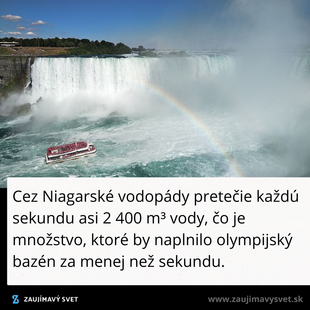 Loď pri Niagarských vodopádoch s dúhou nad vodopádmi, cez ktoré pretečie 2 400 m³ vody za sekundu.