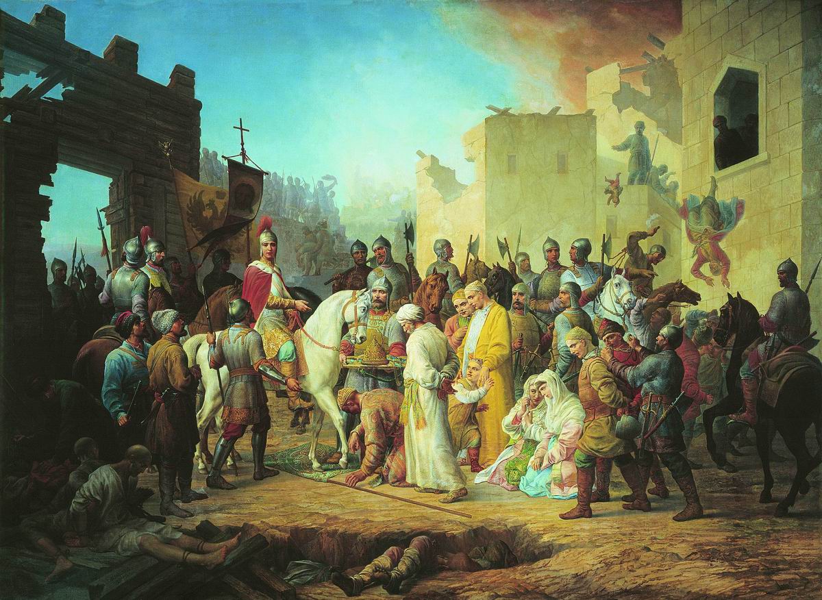 Historická scéna dobýjania pevnosti s vojenskými postavami na koňoch a pešiemi vojakmi v dobových odevoch.