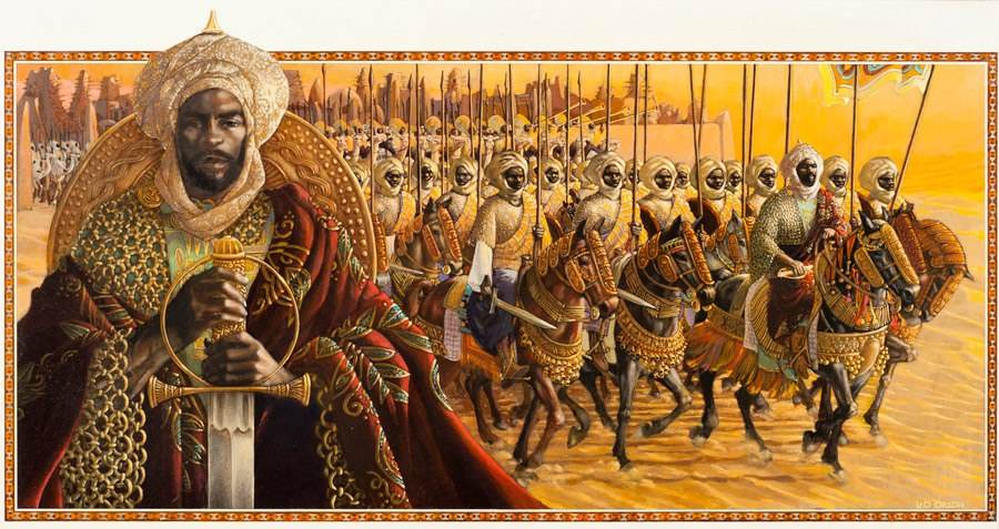 Historická ilustrácia stredovekého afrického vládcu vedúceho armádu jazdcov na koni v púšti.
