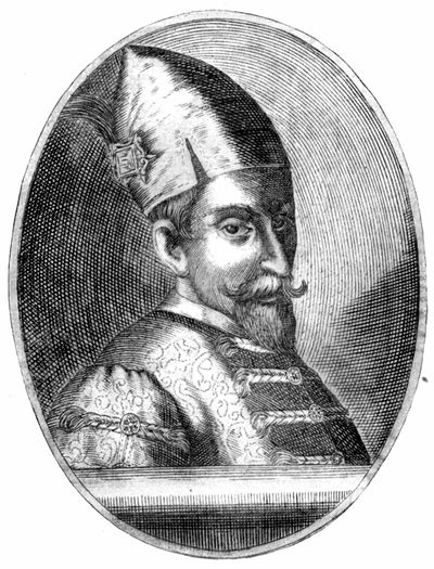 Rytina muža v historickom odeve a čiapke s perom.