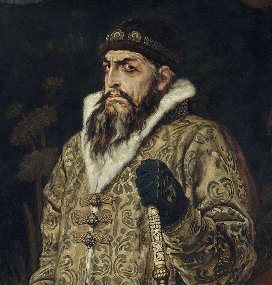 Muž s bradou v historickom rúchu drží palicu, portrét s bohatými detailmi vzoru a zamatovým plášťom.