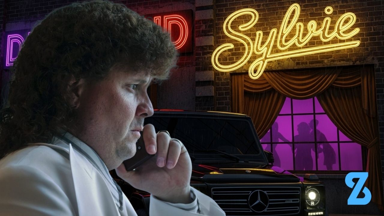 Jonak v bielom saku telefonuje pred neónovým nápisom Sylvie a tmavým autom v nočnej ulici.