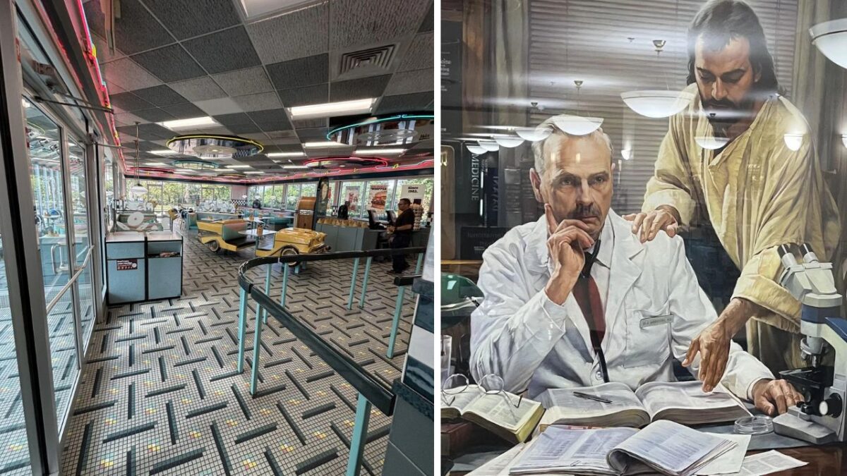 Interiér retro dineru s farebnými stolmi; vedľa obraz lekára s knihou a mikroskopom.