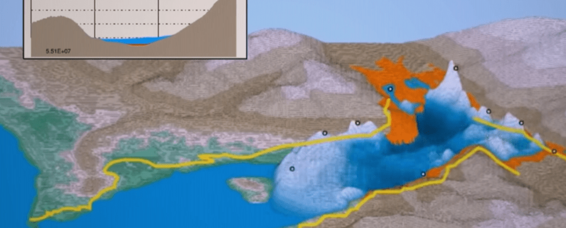 Mapa ukazuje geologické rozloženie s vyznačenými zónami a grafom hore na dôkaz zmien.