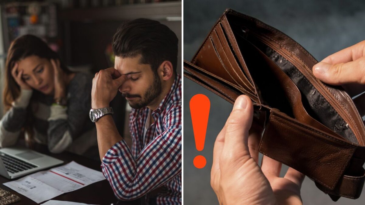 Pár v strese nad účtami, vedľa je prázdna peňaženka s výkričníkom. Finančné problémy a dlhy v domácnosti.