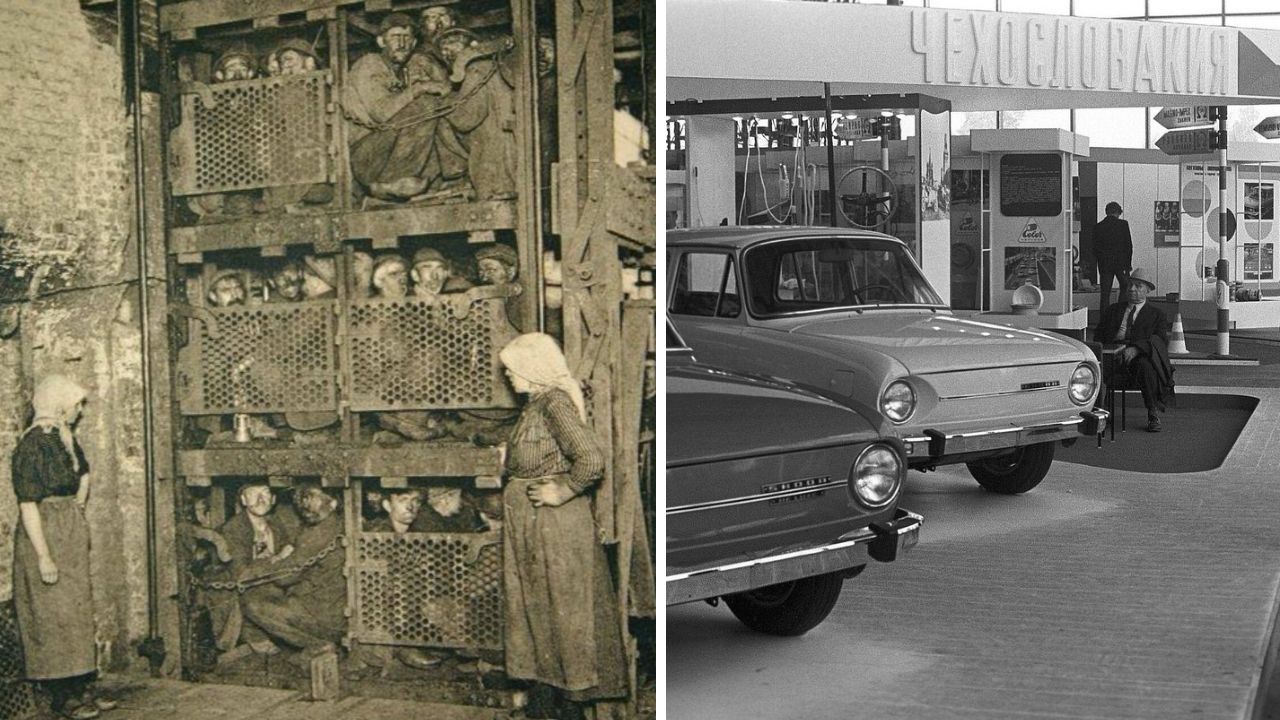 Dvojdielny obraz: baníci v klietke na ľavej strane, výstava československých vozidiel na pravej strane.