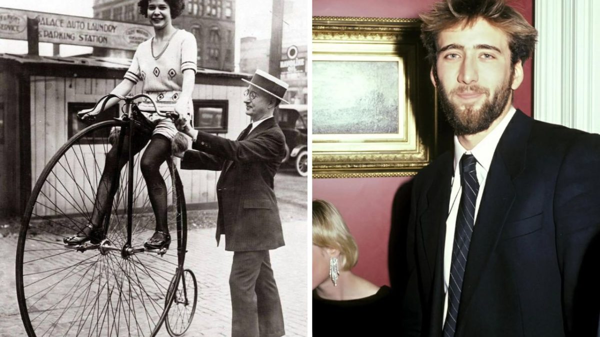 Ľudia na historickom bicykli a muž v obleku pri maľbe, čiernobiela a farebná fotografia vedľa seba.