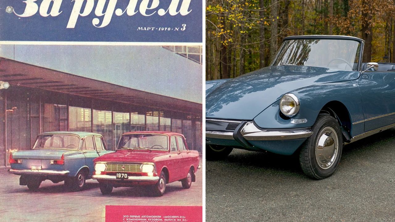 Historické autá zo 70. rokov: Moskvich 412 na sovietskom magazíne a vintage kabriolet na ceste v jesennom lese.
