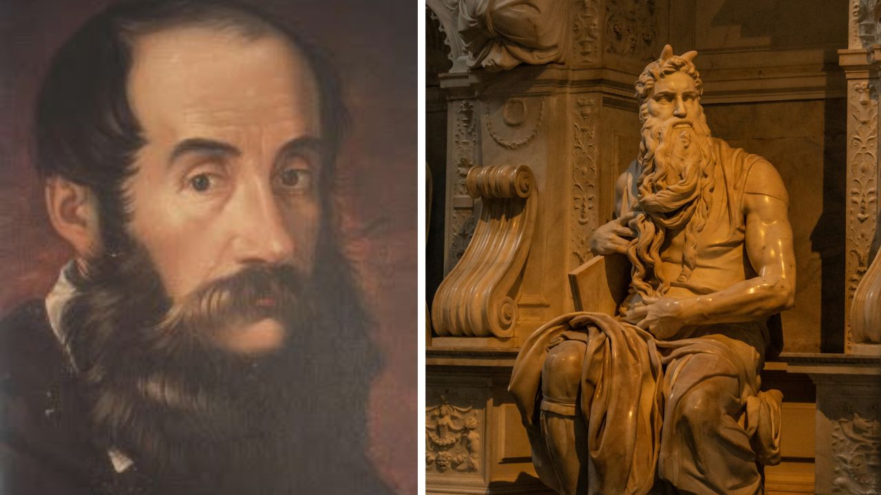 Obraz historickej osobnosti vedľa detailu klasickej sochy vo veľkolepej architektúre, zdôrazňujúcej umelecké detaily.