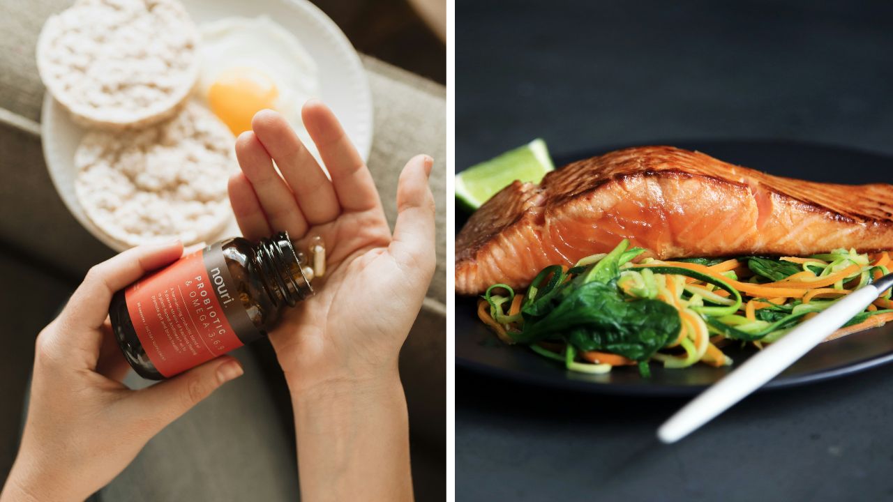 Probiotický doplnok a omega-3 kapsuly vedľa zdravého lososa a zeleninového taniera na podporu výživy.