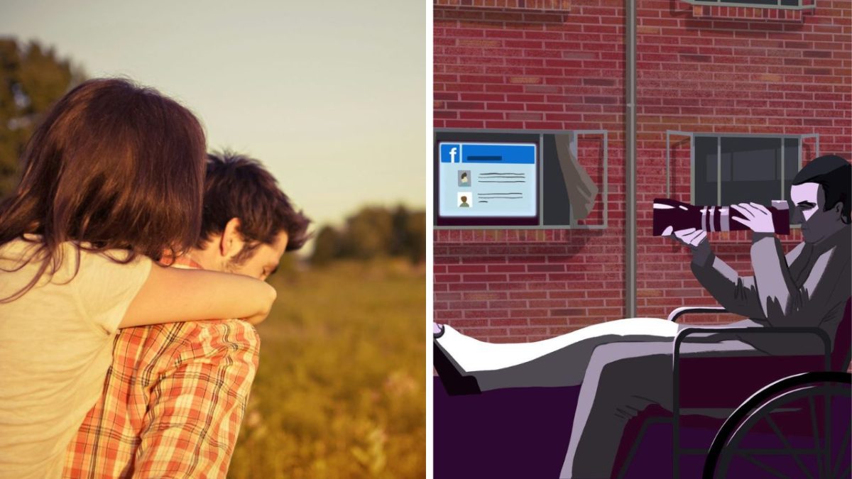 Pár v objatí v prírodnej scenérii, muž s ďalekohľadom pozoruje sociálnu sieť na stene oproti nemu.