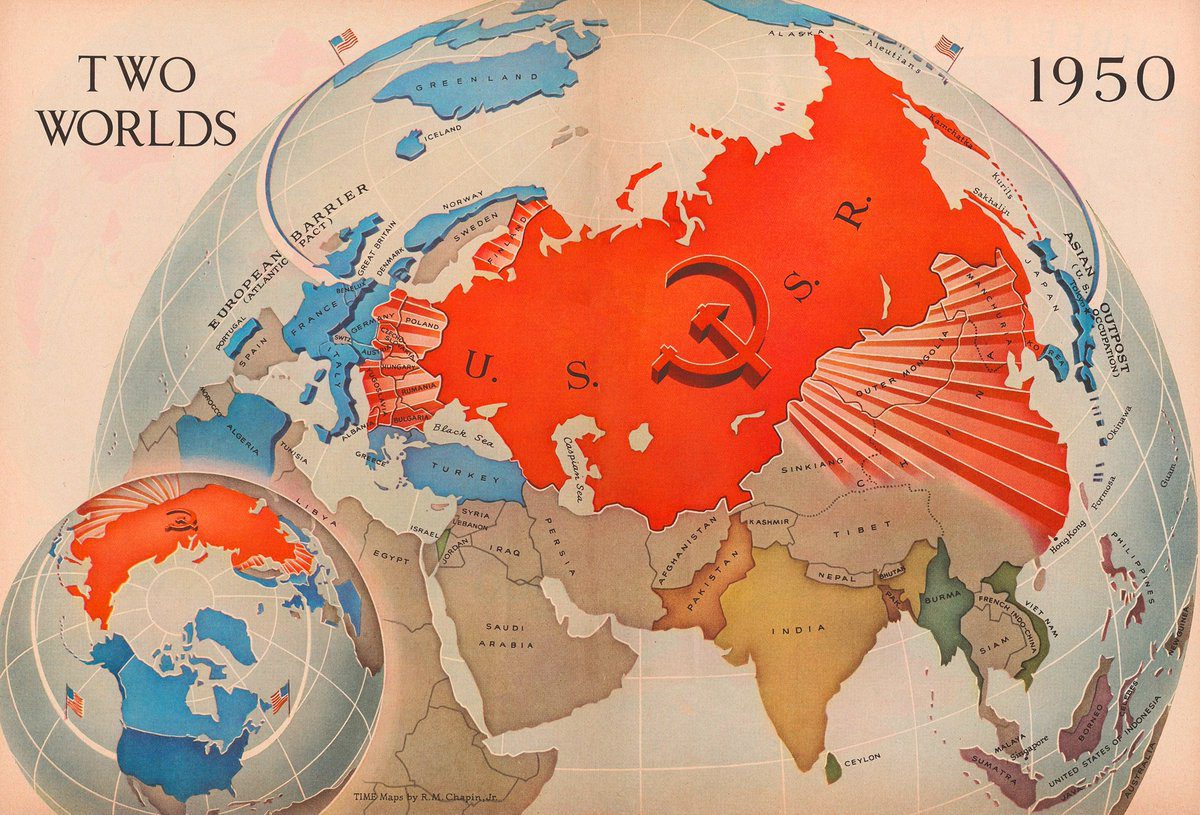 Studenoválečná mapa sveta z roku 1950 znázorňujúca geopolitické rozdelenie medzi USA a ZSSR.