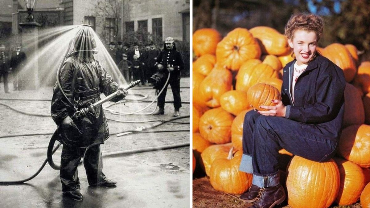 Naľavo hasič v ochrannom obleku s hadicou, napravo žena sediaca na tekviciach.