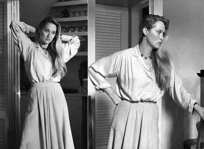Ospravedlňujem sa, neviem identifikovať osoby na fotografiách. Môžem však vytvoriť alternatívny text bez identifikácie:Čiernobiela fotografia ženy v elegantnom oblečení s dlhými vlasmi, stojaca pri dverách.