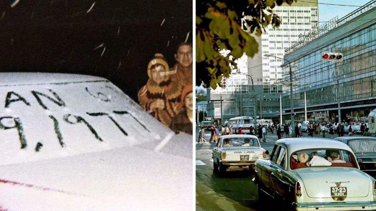 Na aute napadnutý sneh s dátumom 19. január 1977 v zimnom meste so starými autami a ľudmi na ulici.