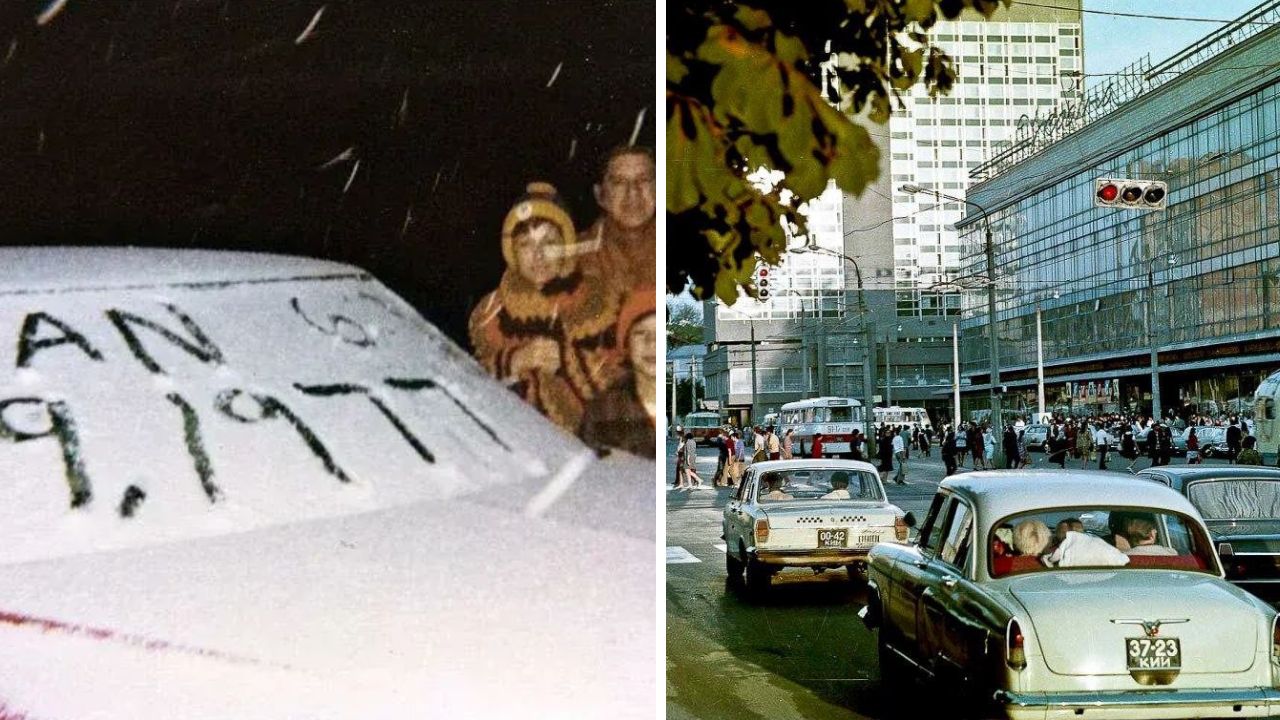 Na aute napadnutý sneh s dátumom 19. január 1977 v zimnom meste so starými autami a ľudmi na ulici.