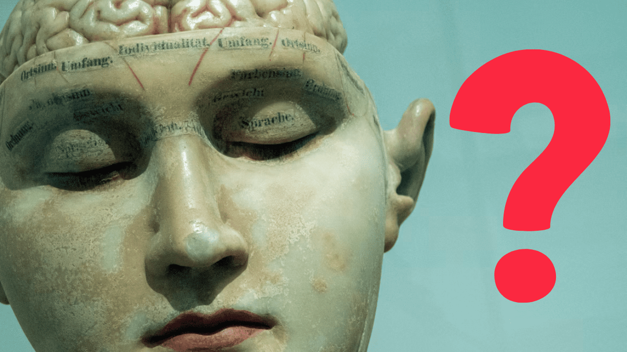 Model mozgu s nápismi a červeným otáznikom symbolizuje záhadu ľudskej mysle.