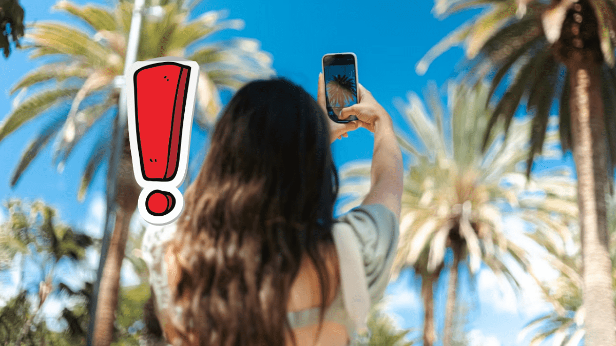 Osoba si robí selfie pod palmami s jasnou oblohou, s červeným výkričníkom na obrázku.