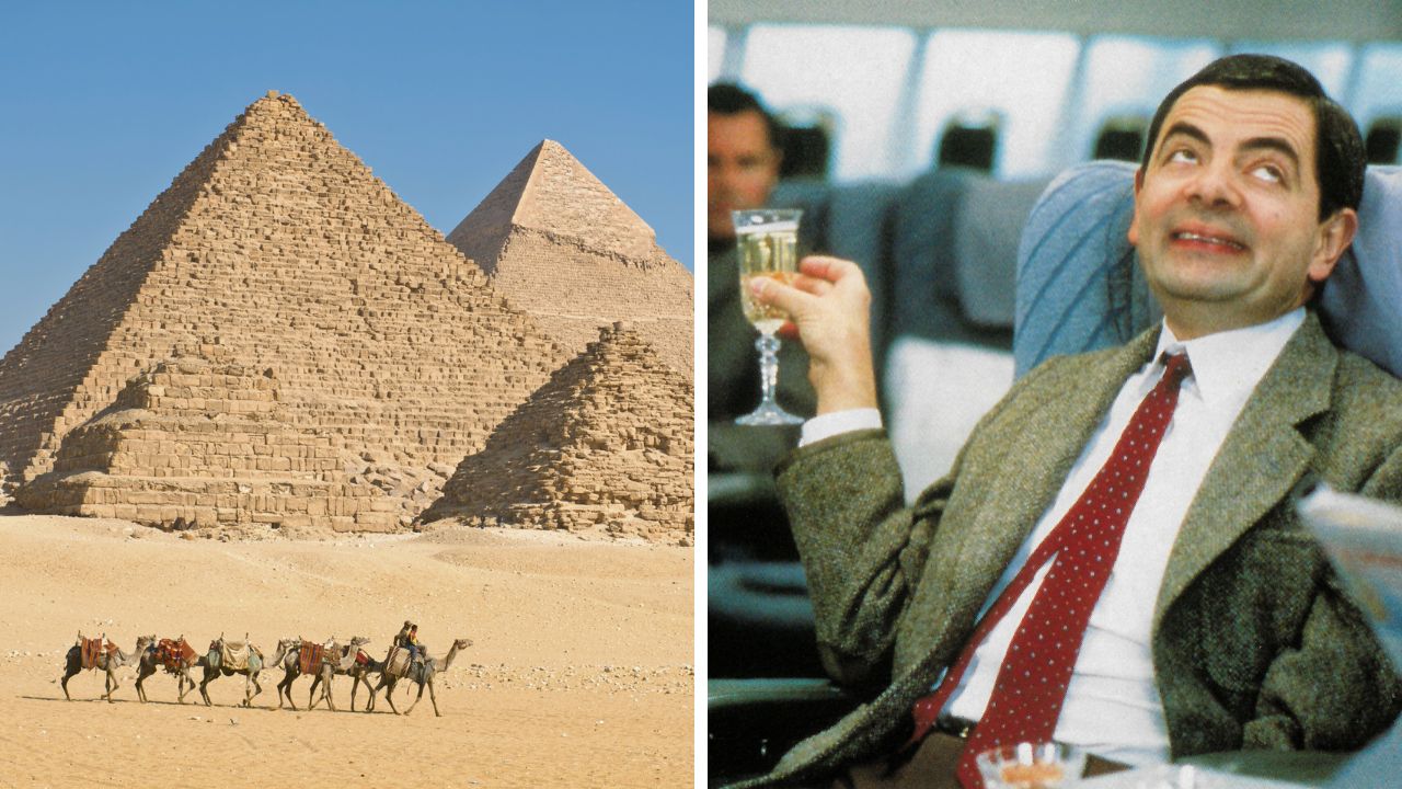 Ľavá časť: pyramídy a ťavy v Egypte. Pravá časť: muž s pohárom na palube lietadla.