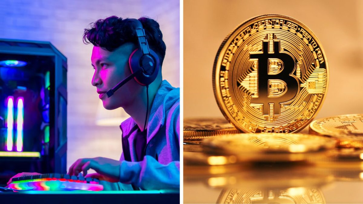 Hráč pri počítači v hernom prostredí a zlaté mince s logom bitcoinu, koncept technológií a kryptomien.