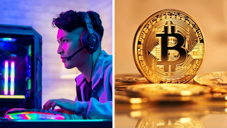 Hráč pri počítači v hernom prostredí a zlaté mince s logom bitcoinu, koncept technológií a kryptomien.