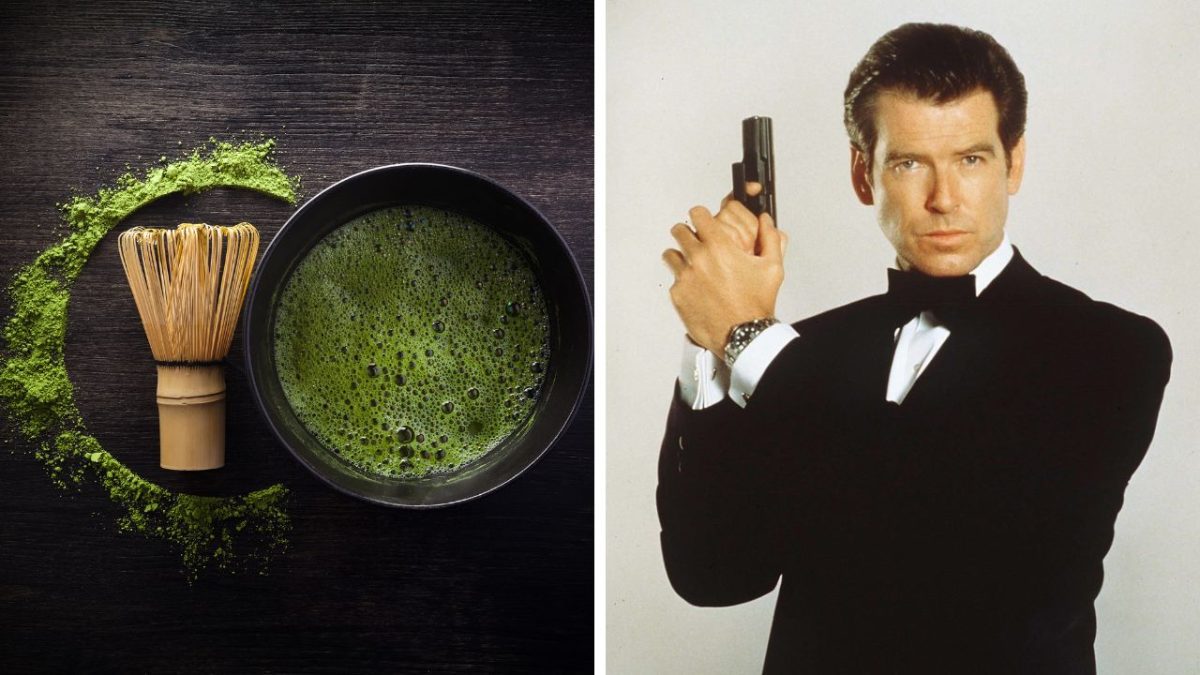 Mletý čaj matcha s bambusovou metličkou na dreve a muž v obleku s pištoľou v ruke.