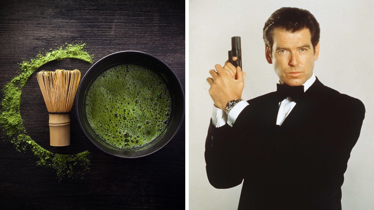 Mletý čaj matcha s bambusovou metličkou na dreve a muž v obleku s pištoľou v ruke.