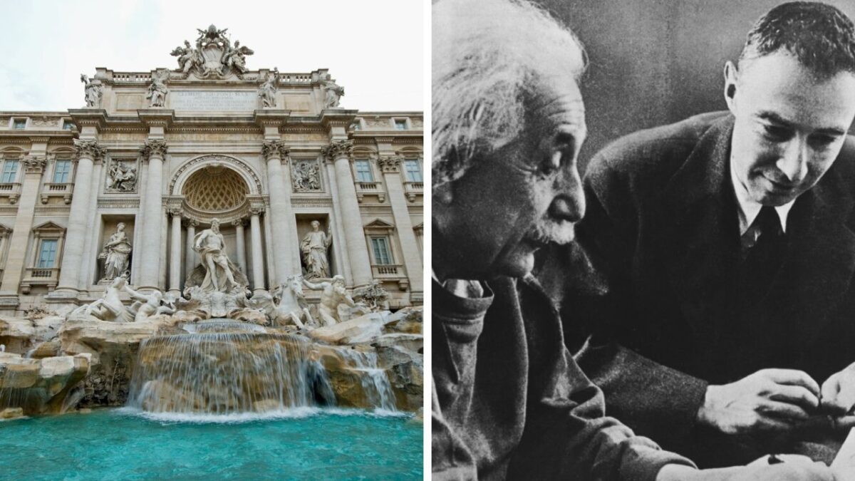 Ľavá časť: Fontána di Trevi, Rím; Pravá časť: Dvaja muži diskutujú pri stole.