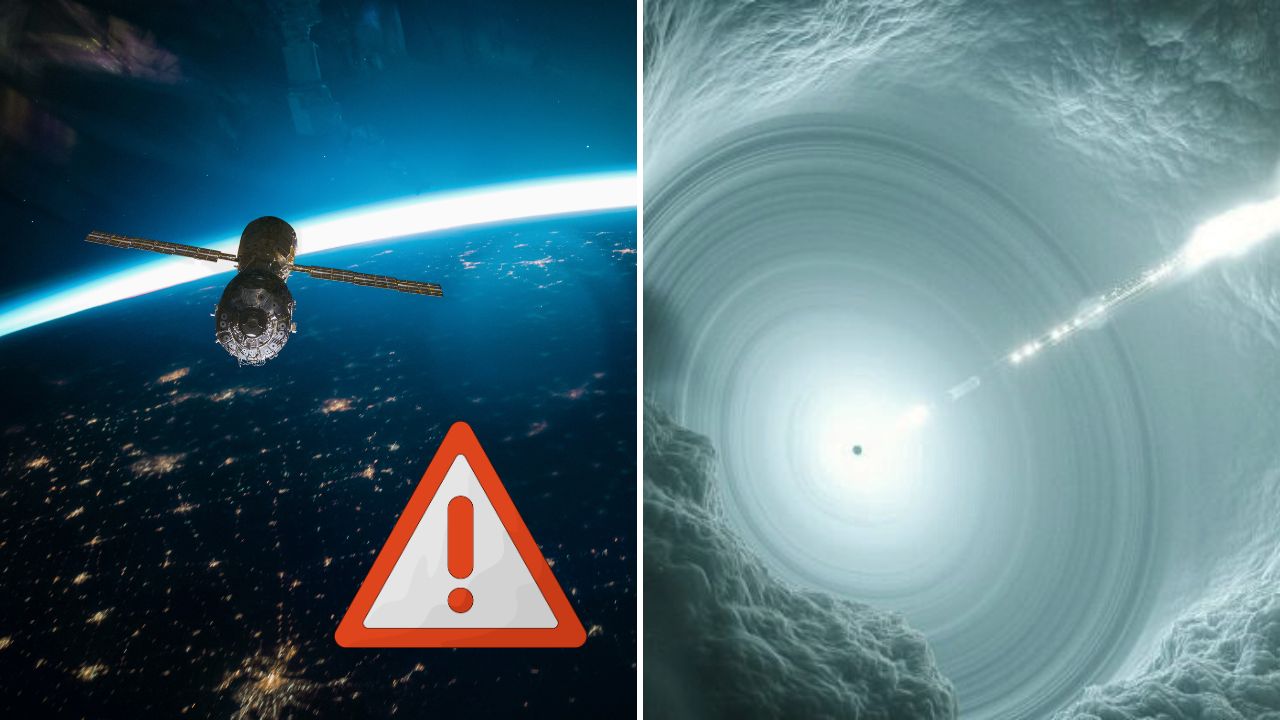Satelit vo vesmíre nad svetelnými mestami a výstražný symbol; vedľa znázornenie bielej diery v sci-fi stvárnení.