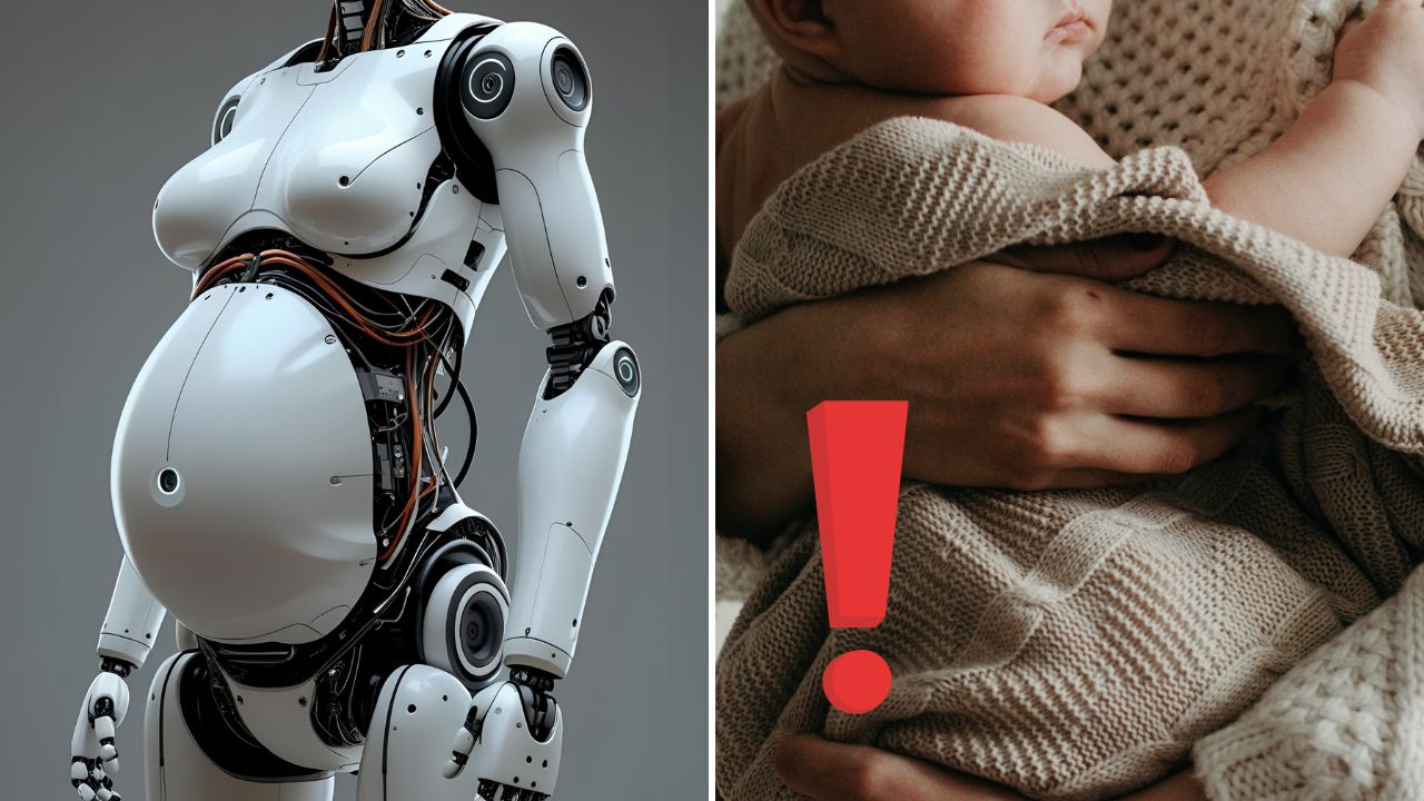 Tehotný robot vľavo, bábätko v deke vpravo. Červený výkričník medzi nimi symbolizuje upozornenie alebo varovanie.