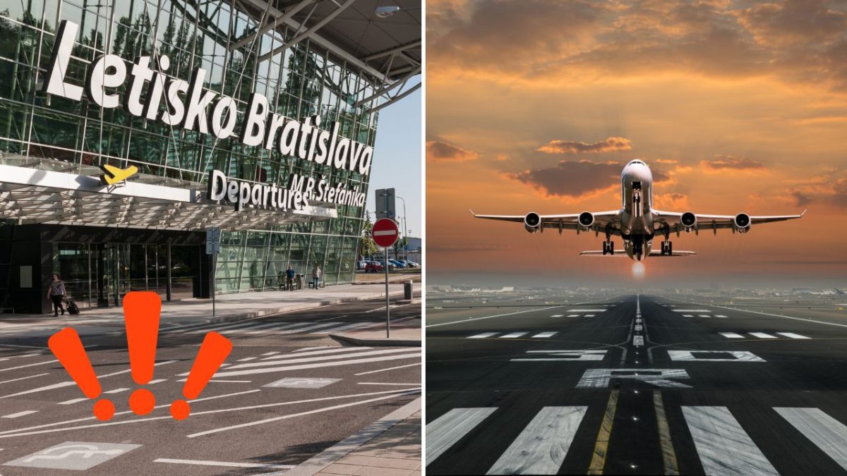 Letisko Bratislava exteriér a vzlet lietadla pri západe slnka, ilustrované výkričníkmi.