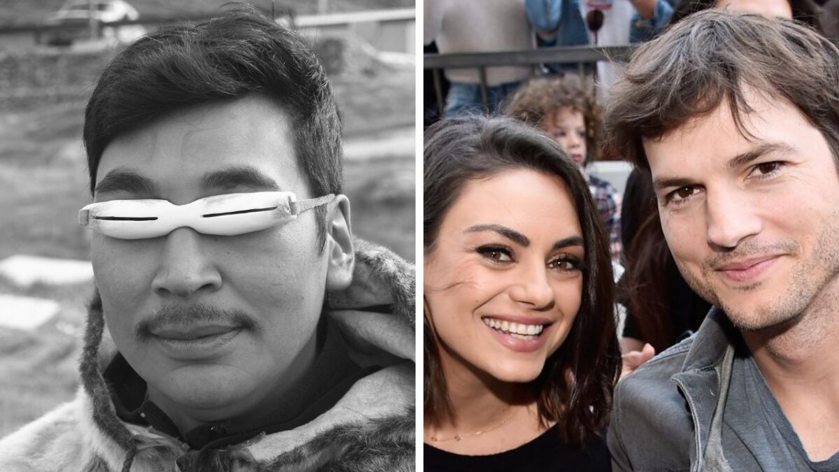 Osoba s tradičnými snežnými okuliarmi a dve osoby pri verejnom evente s úsmevom na tvári.