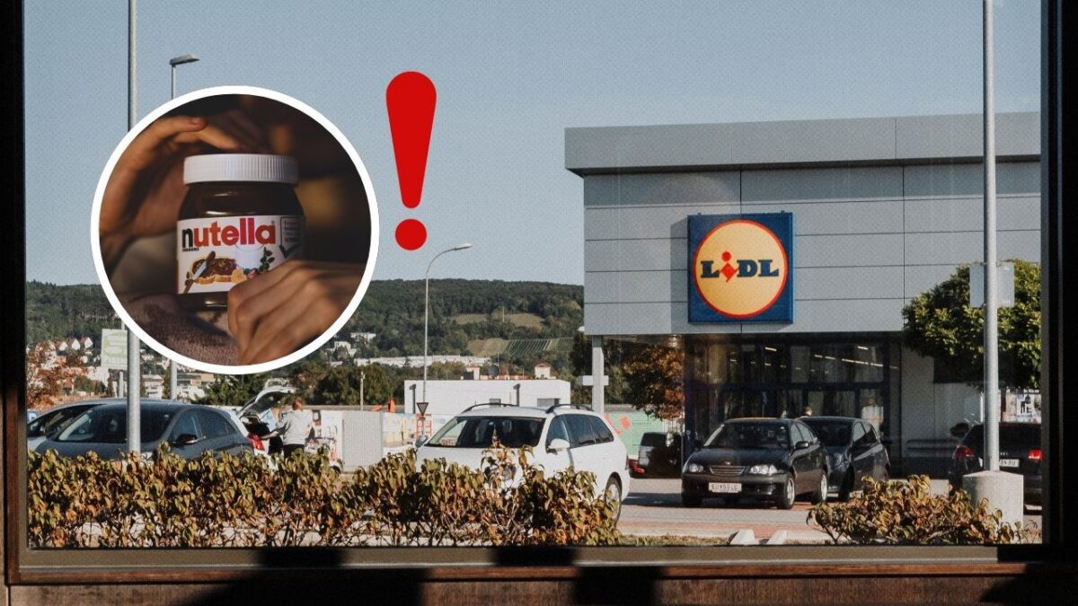 Sklenená fasáda obchodu Lidl, v popredí zaujímavá kombinácia s pohárom Nutelly.