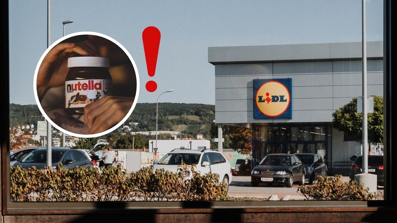 Sklenená fasáda obchodu Lidl, v popredí zaujímavá kombinácia s pohárom Nutelly.