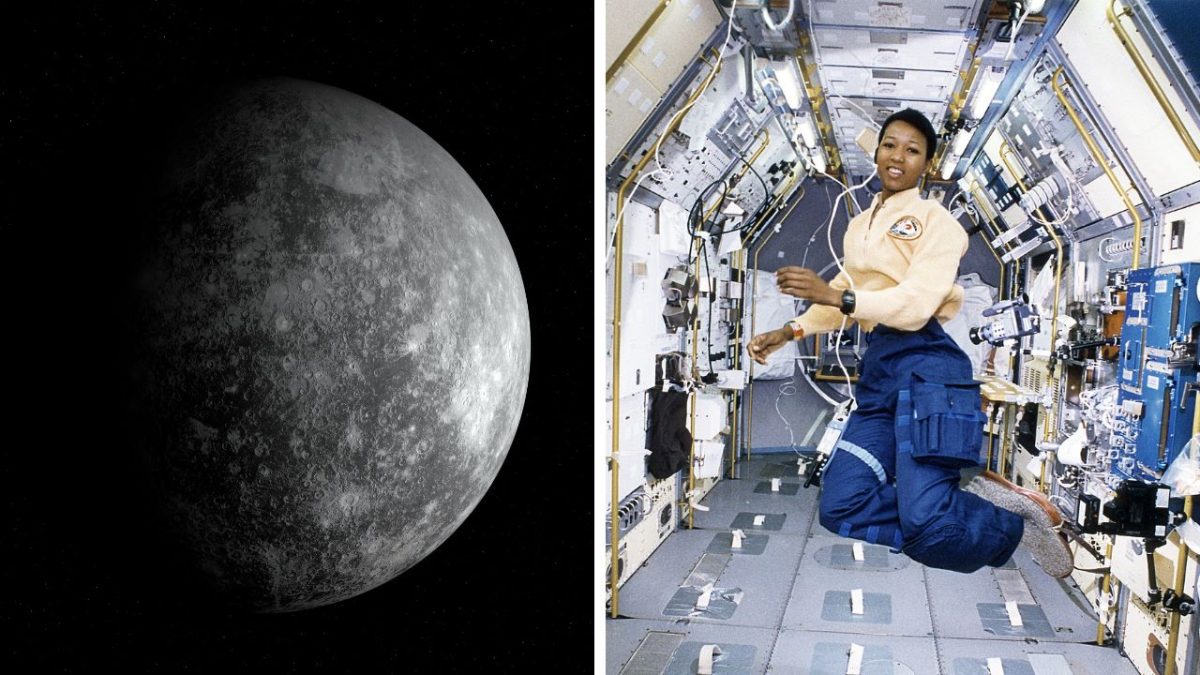 Planéta Merkur v vesmíre a astronautka vo vnútri vesmírnej stanice počas beztiaže.