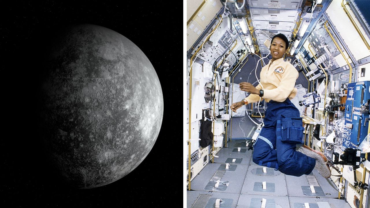 Planéta Merkur v vesmíre a astronautka vo vnútri vesmírnej stanice počas beztiaže.