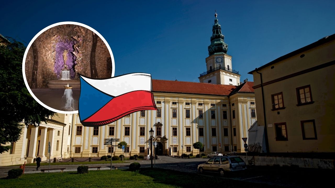 Barokový zámok s českou vlajkou a detail jaskyne s vodopádom na pozadí jasnej modrej oblohy.