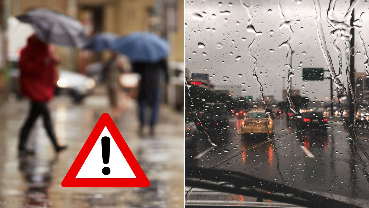 Upozornenie na dážď: Rozmazaná scéna v meste s dáždnikmi a daždivá premávka z pohľadu cez čelné sklo.
