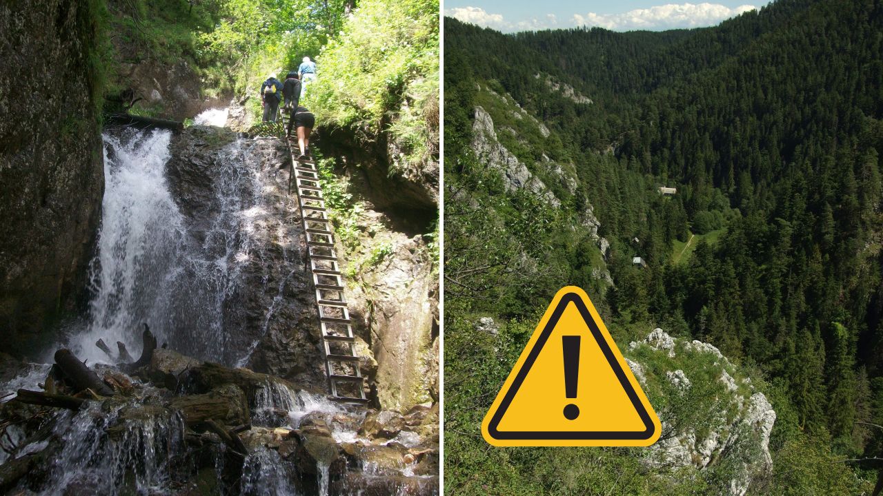Turisti stúpajú po rebríku vedľa vodopádu, výstražná značka v horách upozorňuje na riziko.