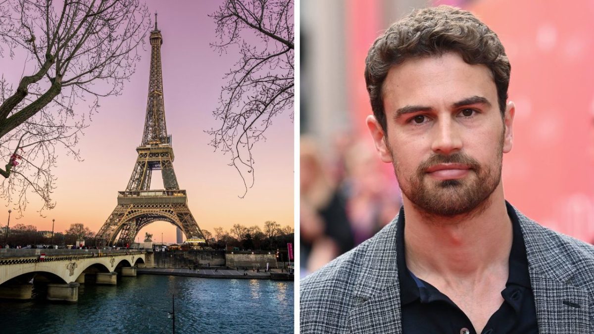 Afternoon view of Eiffel Tower by the Seine; portrait of unidentified man with beard in checked blazer on a red carpet event.