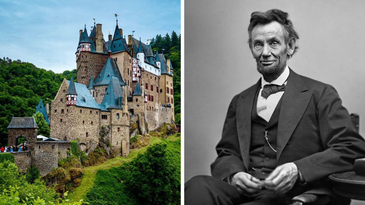 Hrad obklopený zeleňou a historická čiernobiela fotografia muža na stoličke.