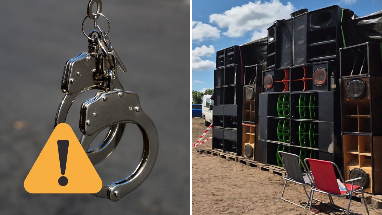 Putá a zvuková technika na vonkajšom pódiu. Výstražný symbol upozorňuje na možné riziká.