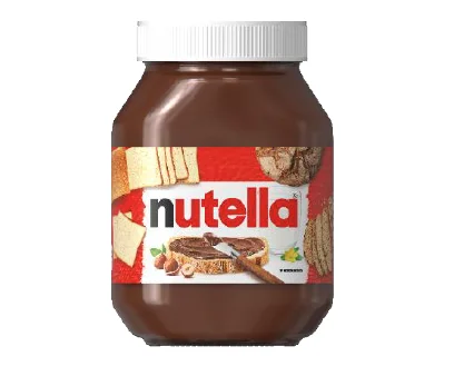 Pohár čokoládovo-orieškovej nátierky Nutella s bielym vrchnákom a etiketou na červenom pozadí.